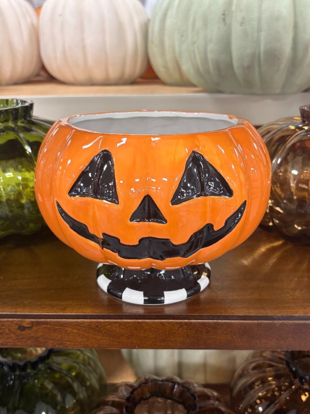 Halloween Happy Pumpkin Jack O Lantern Ceramic Footed Candy Treat Bowl New